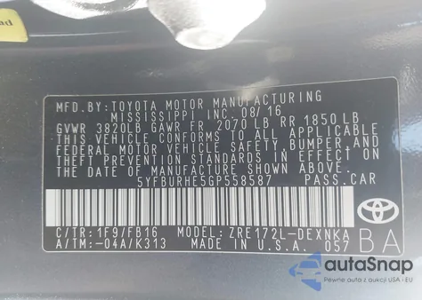 2016 Toyota Corolla Le из США, поврежденный, VIN 5YFBURHE5GP558587